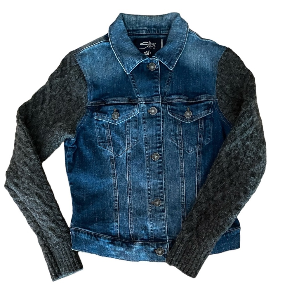 Y2K Silver Jeans Trucker Jacket with Wool-Blend Grey Sleeves XS